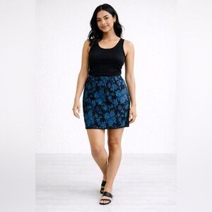 Peruvian Connection Floral Mini Skirt Black Blue Cotton Size XL Vintage Chic